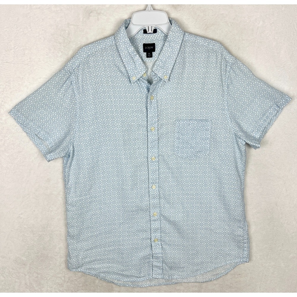 J Crew Linen Button Down Shirt Mens XL Short Sleeve Slim Blue Geometric All Over